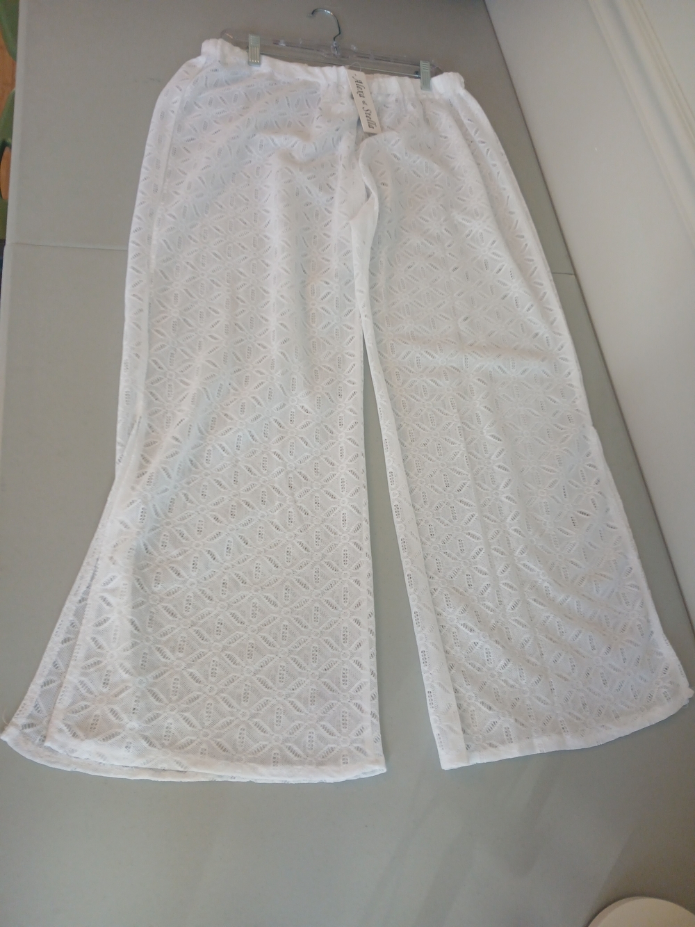 White Sheer Crochet Lace Wide Leg Pull On Swim Cover Up Pants 1X New!